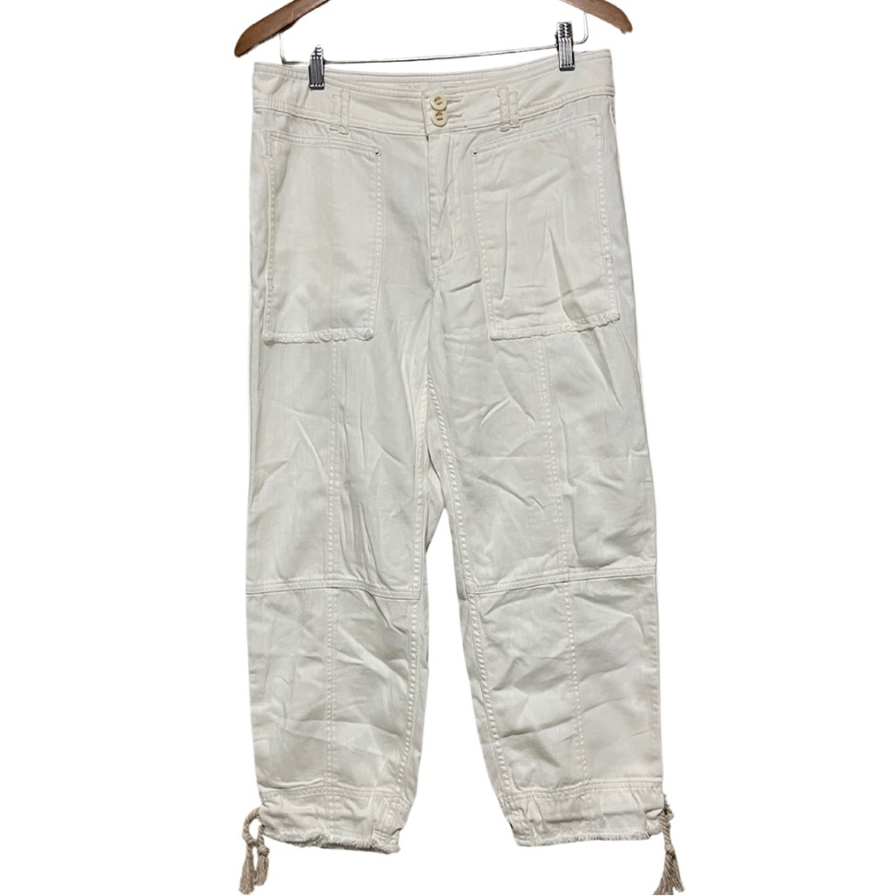 Anthropologie Off-White Straight Leg Frayed Hem Rope Tie Cropped Pants Size 28
